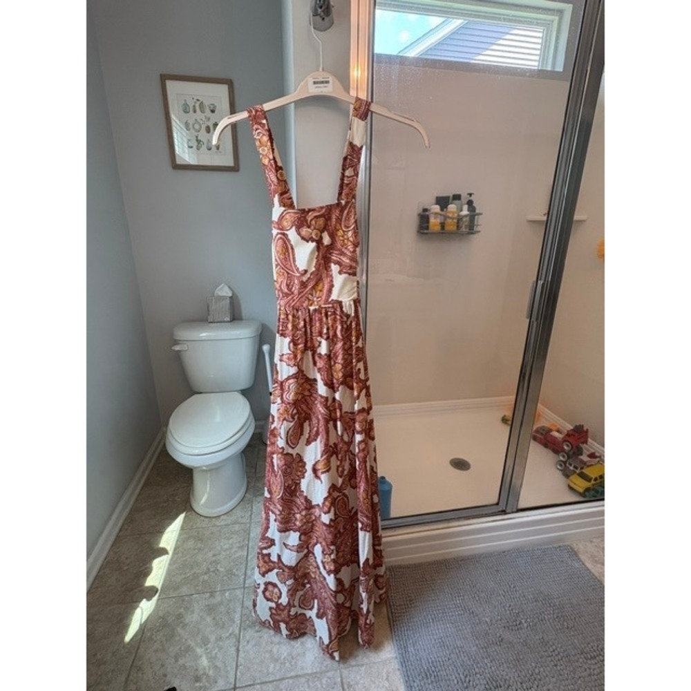 Worthington Women's S Paisley Maxi Dress Boho Cross Back Smocked Rust Cream